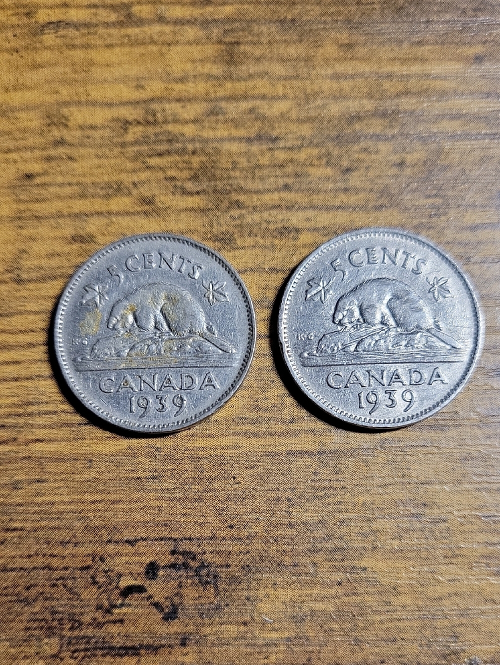 Vintage 1939 Canada 5 Cents Beaver Coins (Pair) - Silver Tone